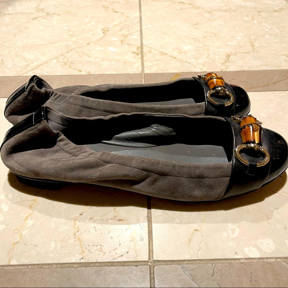 Gucci Grey Suede, Patent And Leather Bamboo Horsebit Ballet Flats